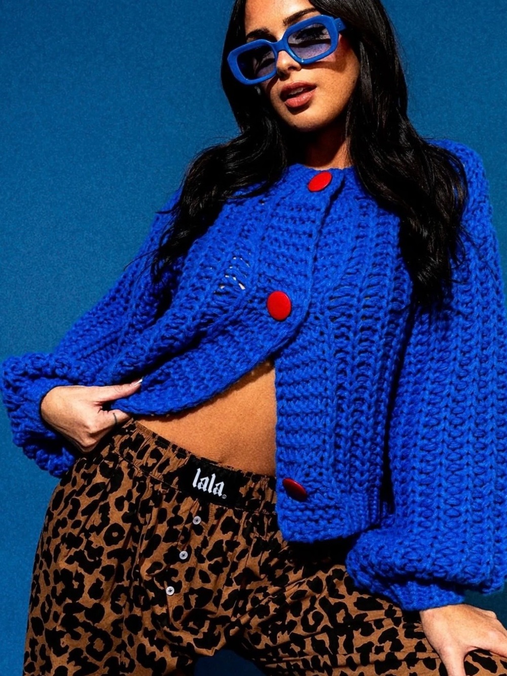Dressed in LALA Electric Blue Chunky Knit Cardigan with Red Buttons